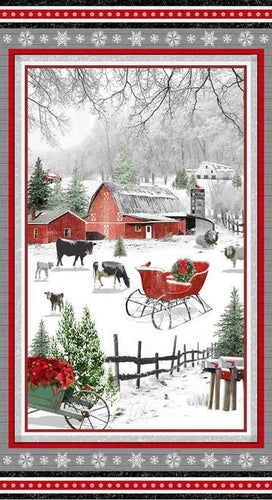 HG-Holiday Homestead 1611P-89 Red/Gray - 24 x 44 Farm Scene Panel